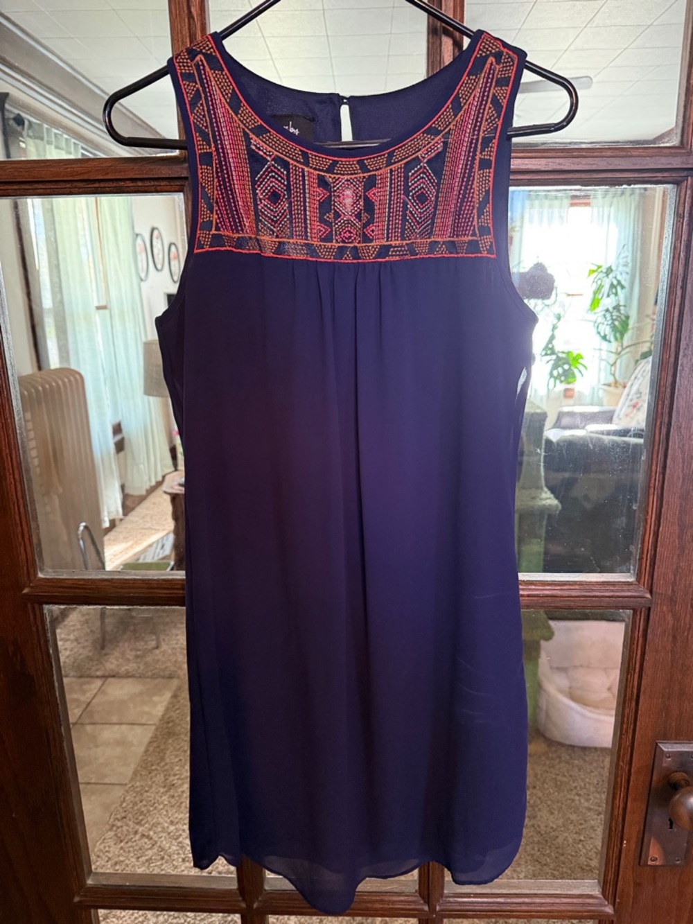 by & by Navy Blue Sleeveless Shift Dress Embroidered Yoke Boho Mini Women Size M